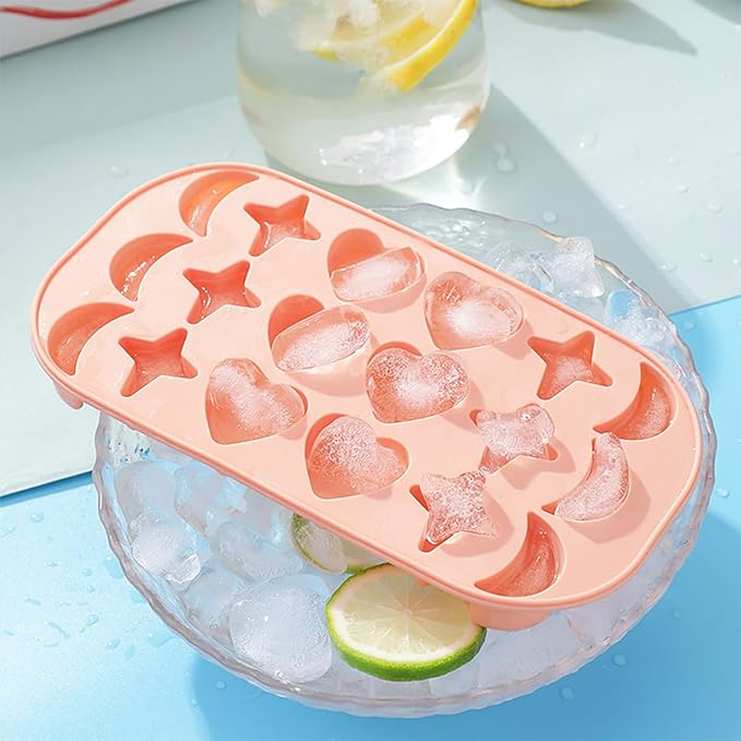 2 Pcs Silicone Ice Cube Tray Mold, Moon Stars and Heart Ice Cube Tray Silicone Molds Silicone Ice Cube Tray with Lid for Ice Cubes, Gelatine, Chocolate, Baking and Candy