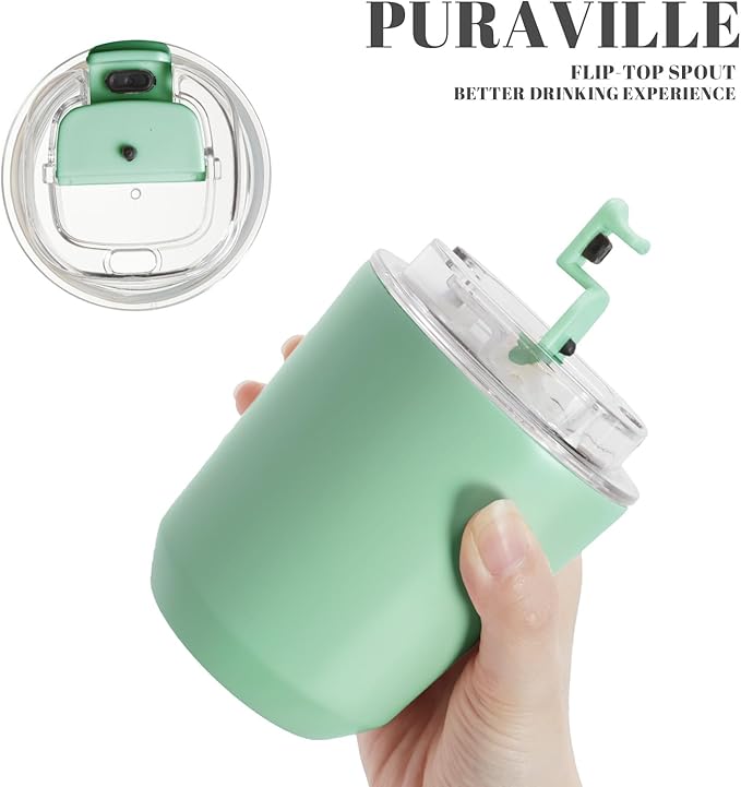 Puraville Insulated Tumblers with Lid, 10 oz Travel Coffee Mug Stainless Steel Vacuum Cup, Leak Proof Reusable Double Walled Coffee Tumbler for Iced and Hot Drinks, Green
