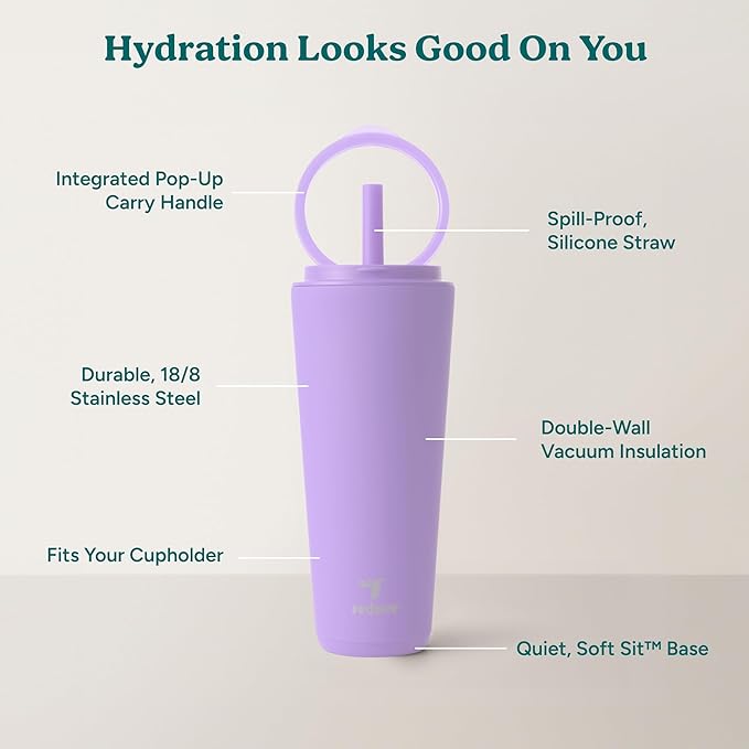 REDUCE Halo 32 oz Stainless Steel Vacuum Insulated Tumbler - Spill Proof Travel Mug with Flip Handle Lid - Keeps Drinks Cold for 32 Hrs - Dishwasher Safe - Cupholder Friendly - Purple Punch