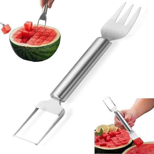 Watermelon Cutter, 2-in-1 Stainless Steel Fruit Cutter, Dual Head Watermelon Fork Slicer Tool, Summer Fruit Cutting Kitchen Gadget for Home (Round-1PCS)