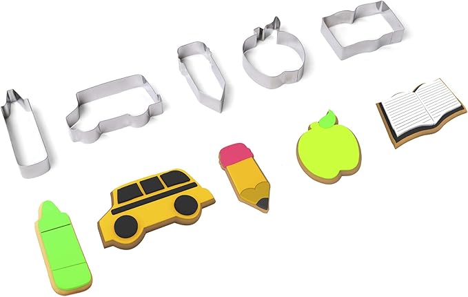 Fox Run Cookie Cutter Set, Back To School Cookie Cutter Set, Pencil, Crayon, Bus, Apple, Book, Medium