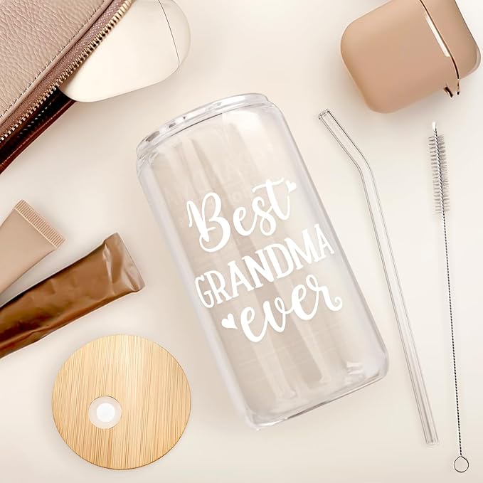 SANDJEST Grandma 16 Oz Can Glass Tumbler with Bamboo Lid and Straw - Iced Coffee Cups for Women, Aesthetic Glass Cup Gift for Grandmother Nana Birthday Christmas Mother's Day