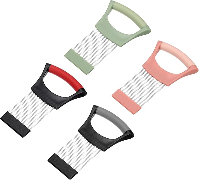 uxcell 4 Pcs Onion Slicer Holder, Stainless Steel Vegetable Cutting Holder Food Cutter Tool for Slicing Storing Onions Tomatoes Potatoes Avocados Apples, Black Red/Black Grey/Green/Pink