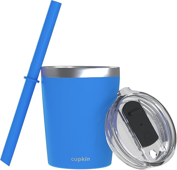 CUPKIN Stackable Stainless Steel Kids Cup Smoothie Tumbler, Powder Coated Insulated Tumblers, BPA Free Lid and Silicone Straw 8 Fl Oz (Pack of 1), Blue