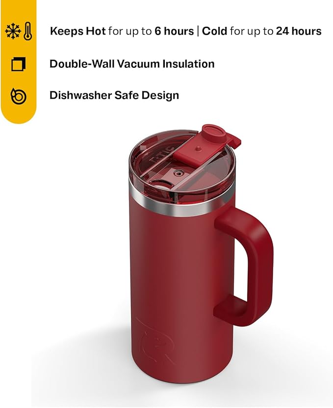 RTIC 16oz Road Trip Travel Mug with Lid and Handle, Insulated, Stainless Steel, Metal, Double Wall Vacuum-Insulation, Ceramic Lined, Portable Coffee, Tea Cup for Hot and Cold Drink, Black Cherry
