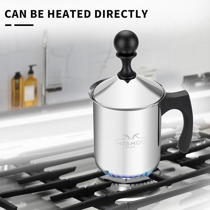 MERMOO YILAN Manual Milk Frother 14oz Stovetop Milk Foamer Non-electric Handheld Frother for Latte Art and Cappuccinos Perfect for Camping, Travel, Home (Silver)