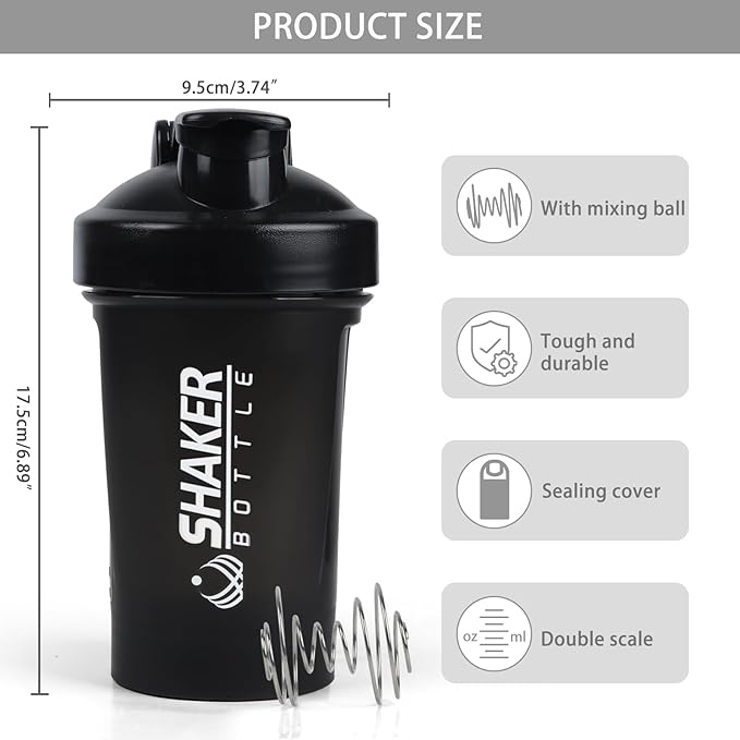 Shaker Bottle,400ml Small Protein Shaker Bottle with Mixing Ball, Portable 14oz GYM Shakes Cup for Workout,BPA free, 100% Leak Proof,Dishwasher Safe（Black）