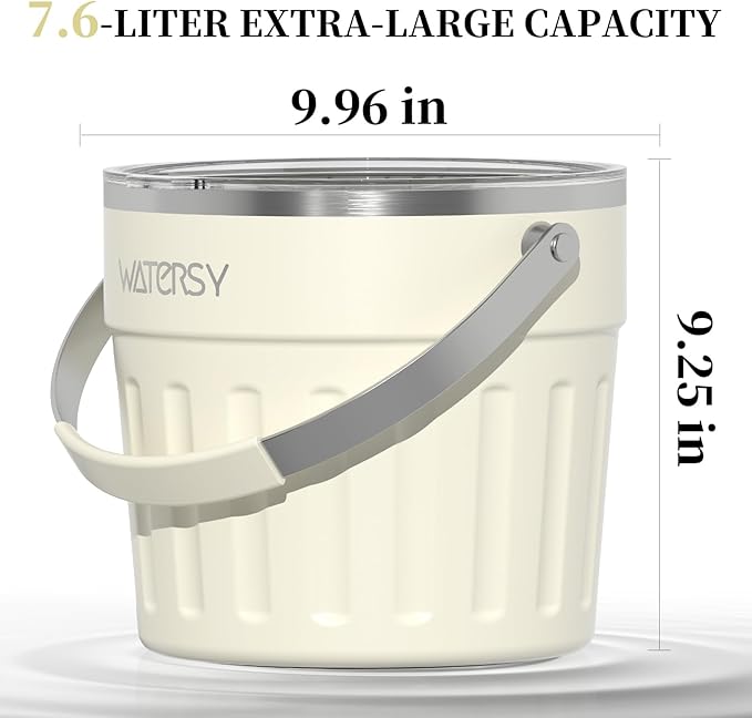 WATERSY Insulated Ice Bucket（8 Quart / 7.6 L） with Lid, Scoop, Ice Tong，Wall Vacuum Stainless Steel, Beige