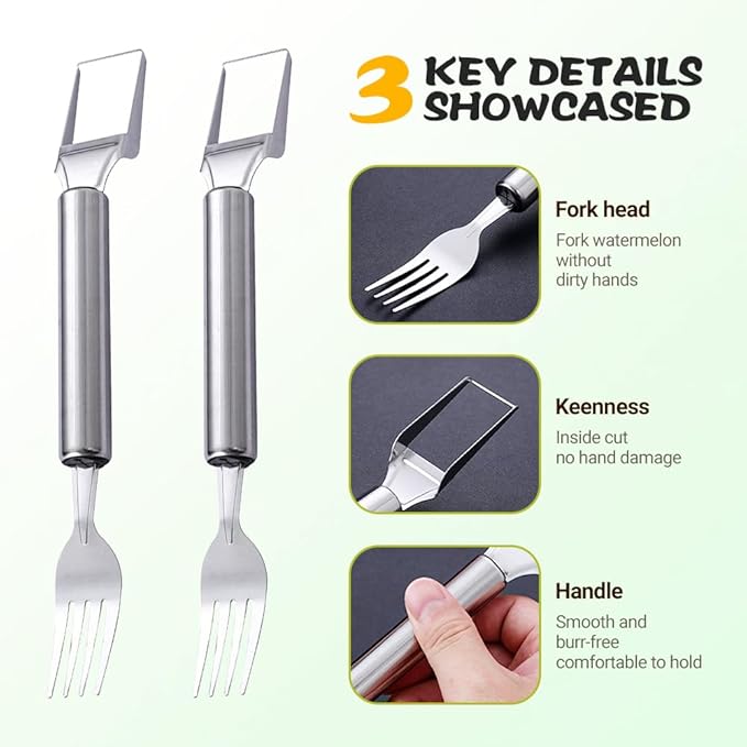 2-in-1 Stainless Steel Watermelon Cutter, Fruit Slicer and Fork Tool, Dual Head Watermelon Cube Cutter with Round Handle for Easy Serving, Kitchen Fruit Cutting Tool (3pcs)