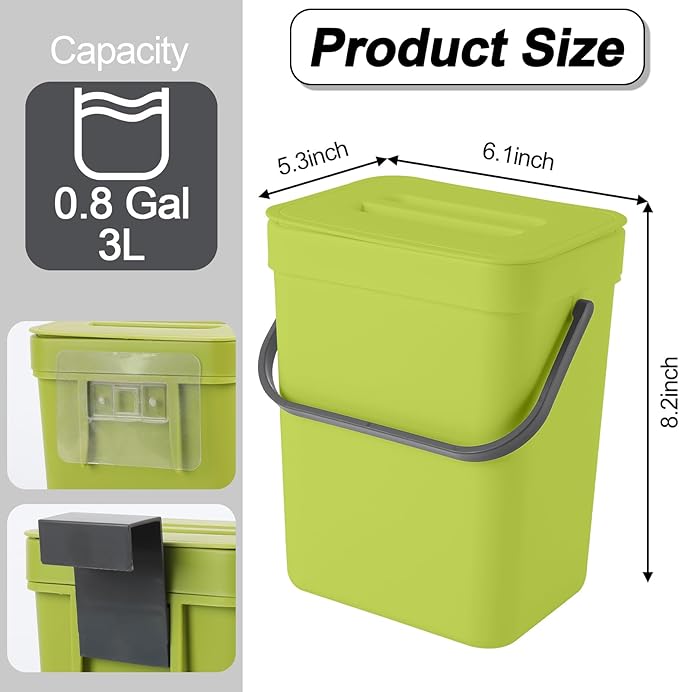 Compost Bin Kitchen, for use on Countertops or Under Sinks, Hanging Trash Can with Lid, for Cupboard/Bathroom/Bedroom/Office/Camping, Mountable Indoor Compost Bucket(Green 0.8 Gallon/3L)