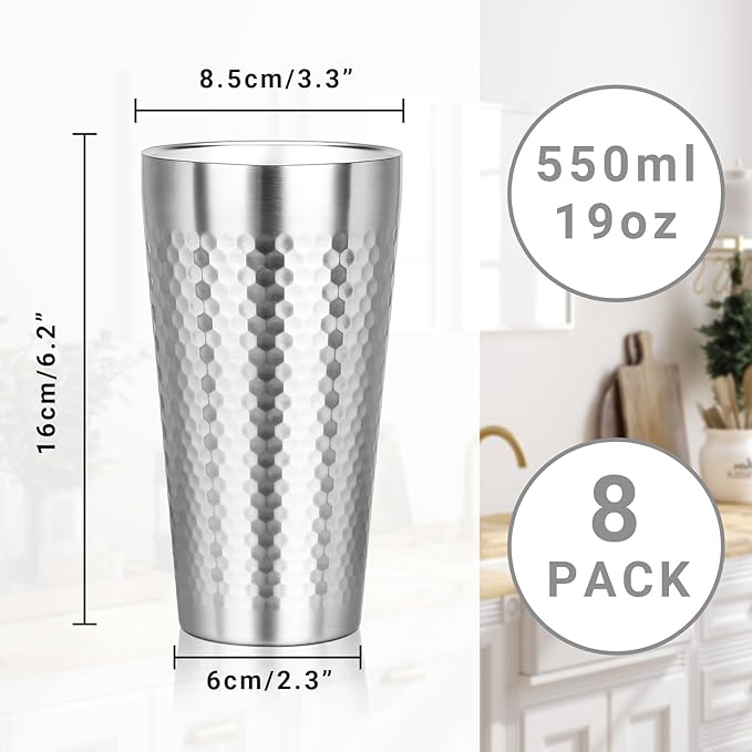 Metal Cup, 19 oz Insulated Tumbler, 8 Pack Double Wall Unbreakable Stackable Water Tumblers Premium Insulated Stainless Steel Cups Drinking Glasses for Home Travel Camping Outdoor