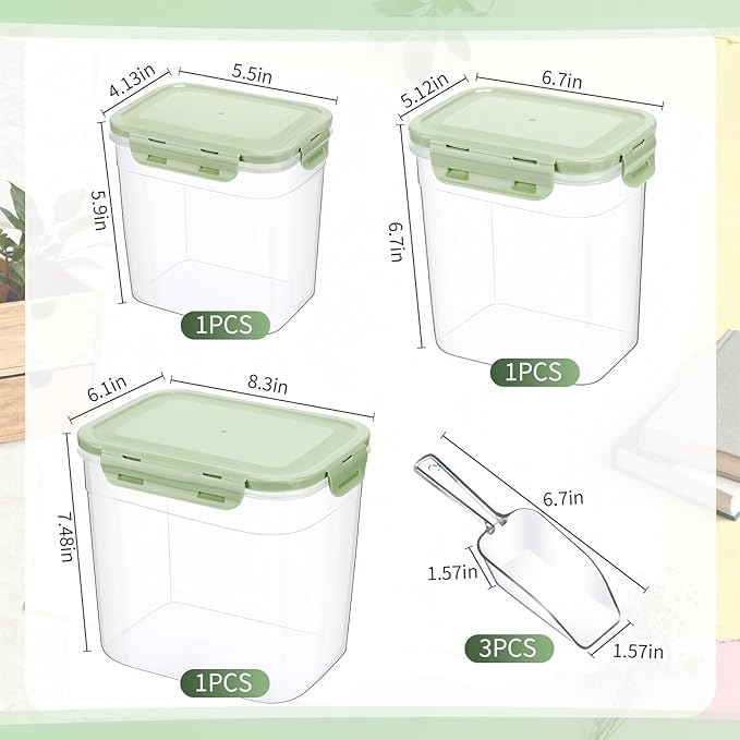 Patelai 6 Pcs Dog and Cat Food Storage Containers with Scoops Set Plastic Pet Food Storage Containers Stackable Airtight Dry for Kitchen 1.27, 2.4, 4 Qt (Green)