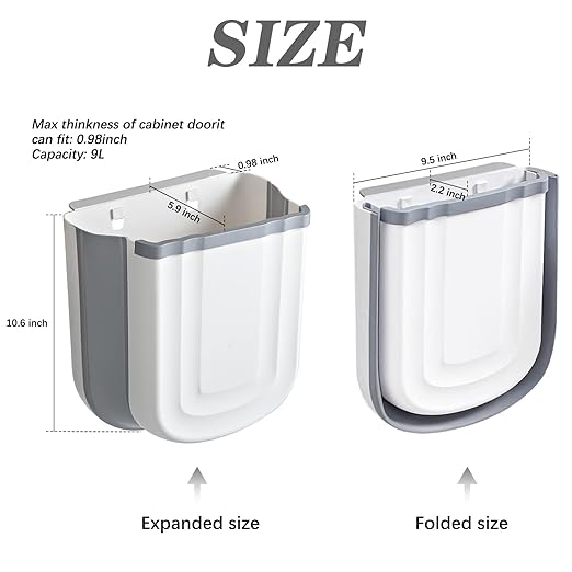 Wall Mounted Foldable Trash Can for Kitchen Cabinet - 2.4 Gallon Hanging Small Waste Bin,Plastic Collapsible Garbage Can for Bathroom, Bedroom Counter (Grey)