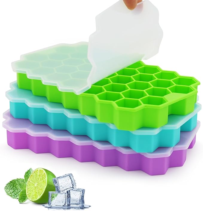 Azyh Ice Cube Trays for Freezer, 3 Pack Ice Cube Tray with Lid, Silicone Ice Cube Mold with Lid-37 Grid,Easy-Release Reusable 111 PCS Small Ice Cube for Iced Coffee Cocktail Whisky Chocolate Soup Food