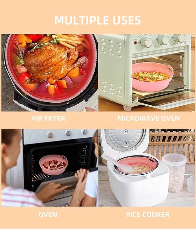Silicone Air Fryer Liner 8.6" Round for 5–8 QT, No Divider, Reusable Non-Stick Collapsible Pot Liner, Dishwasher Safe, Heat-Resistant 446°F, RED, 1 Pack
