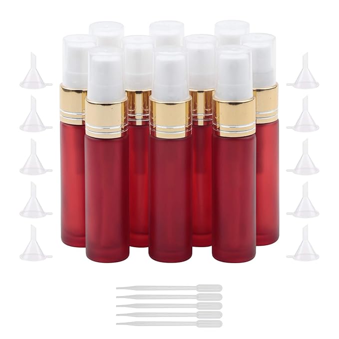Ellbest 10ml Empty Essential Oils Mist Spray Glass Bottle Gradient Color Refillable Container for Perfume, Massage, Cleaning Products (10 Matte Red Bottles &5 Droppers &10 Funnels)