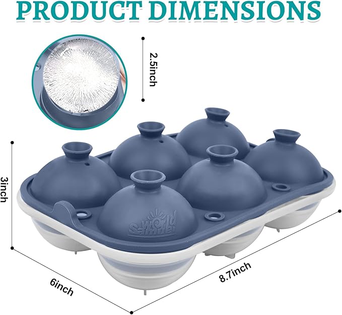 Samuelworld Large Ice Ball Maker with Lid, 6 x 2.5 Inch Ice Balls - BPA Free, Easy To Fill Round Silicone Ice Tray, Perfect Spheres Craft Ice Maker for Whiskey, Cocktails (Purple-Blue)