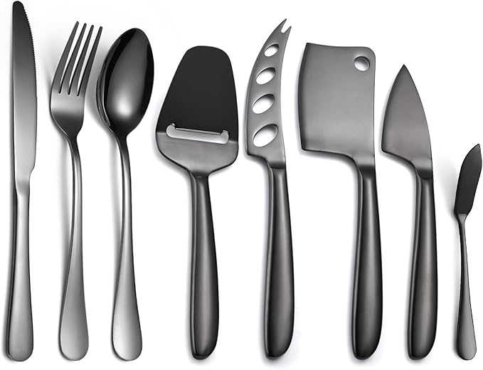 Black Cheese Knives Set with Dinning Knife Fork Spoon8 Pieces Stainless Steel Utensils Multifunctional Kitchen Gadget Baking Cooking Tool