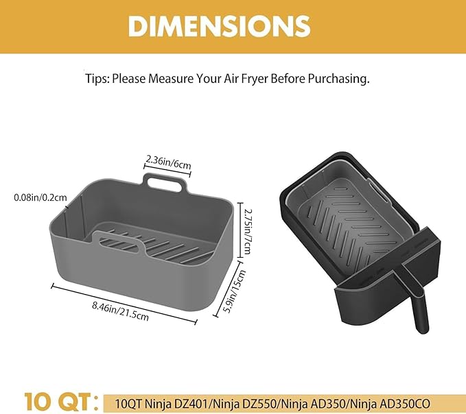 Silicone Air Fryer Liners 10QT, Reusable Airfryer Basket Liners for Ninja DZ550/DZ401, 2Pcs 5QT Large Air Fryer Accessories, Dishwasher safe (8.46 * 5.9 inch （10 QT）, DZ401 - Black)