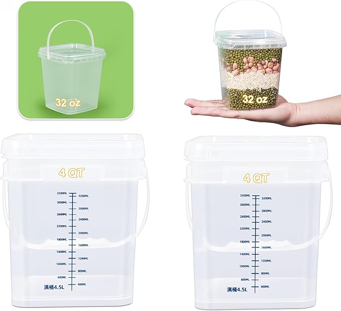 1Gal Clear Square Bucket with Airtight Lids, BPA-Free Food Storage Container for Kitchen Pantry, Meal Prep, Snack, Rice, Flour, Pet Food - Transparent Bucket with Scale Marks (2x4 Qt, 2x1 Qt)
