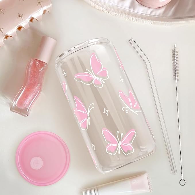 SANDJEST Butterfly 16 Oz Can Glass Tumbler with Acrylic Lid and Straw - Iced Coffee Cups for Women, Aesthetic Glass Cup Gift for Birthday Christmas