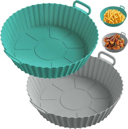 ME.FAN Air Fryer Silicone Liners for 4 to 7 QT [2 Pack] Reusable Air Fryer Basket with Handles & Holes Light Grey + Teal Blue