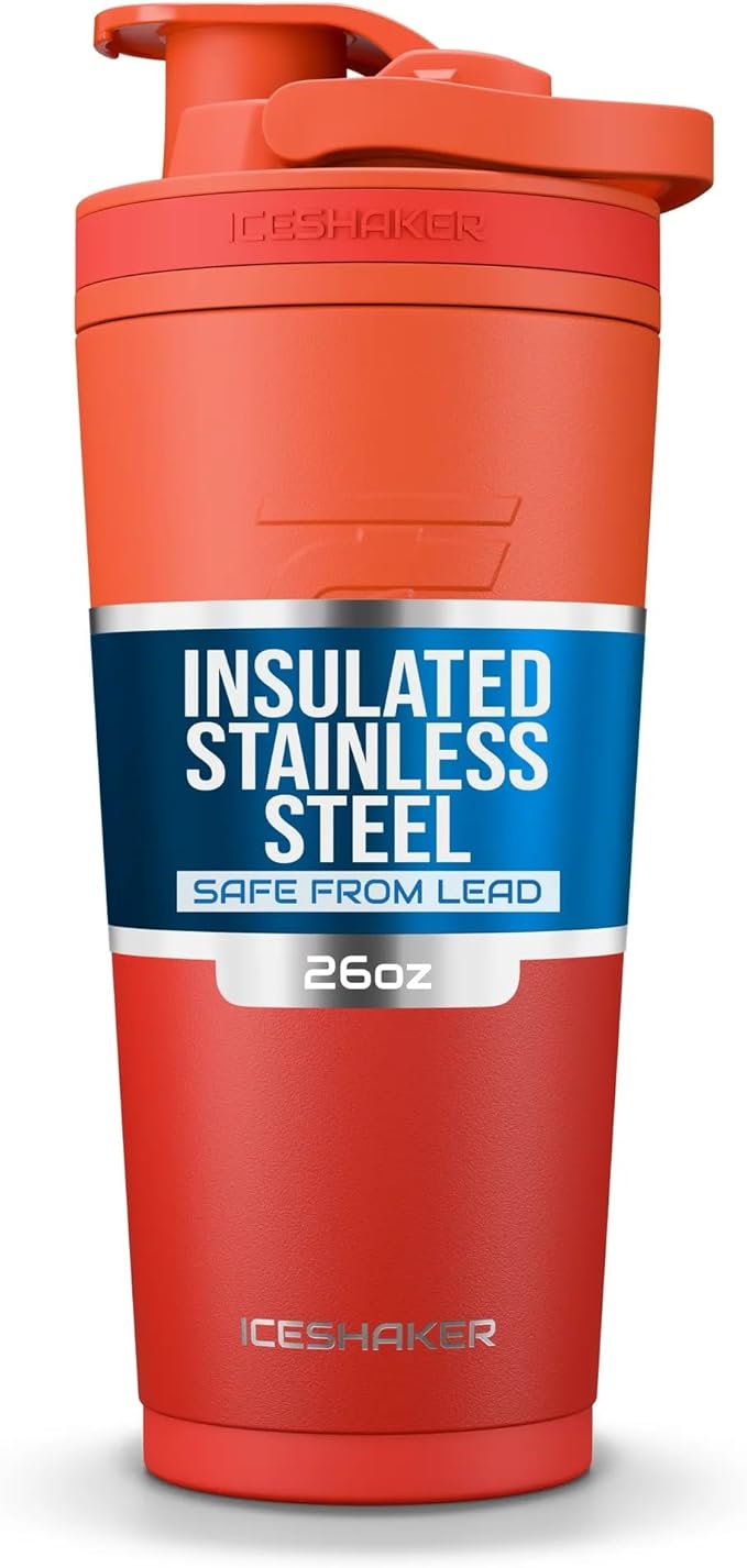 Ice Shaker Insulated Stainless Steel Shaker Bottle | 26oz, Orange Color Rush | Cold for 30+ Hours | Insulated Cup with Twist-on Agitator | Bottle for Protein Shakes, Smoothies, Cocktails