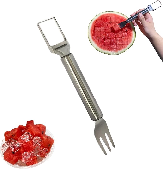 2-in-1 Stainless Steel Watermelon Fork Slicer, Portable Fruit Cutter Knife for Quick Melon Cubes, Kitchen Gadget for Summer Party, Picnic & Camping, Silver (1 Pack)