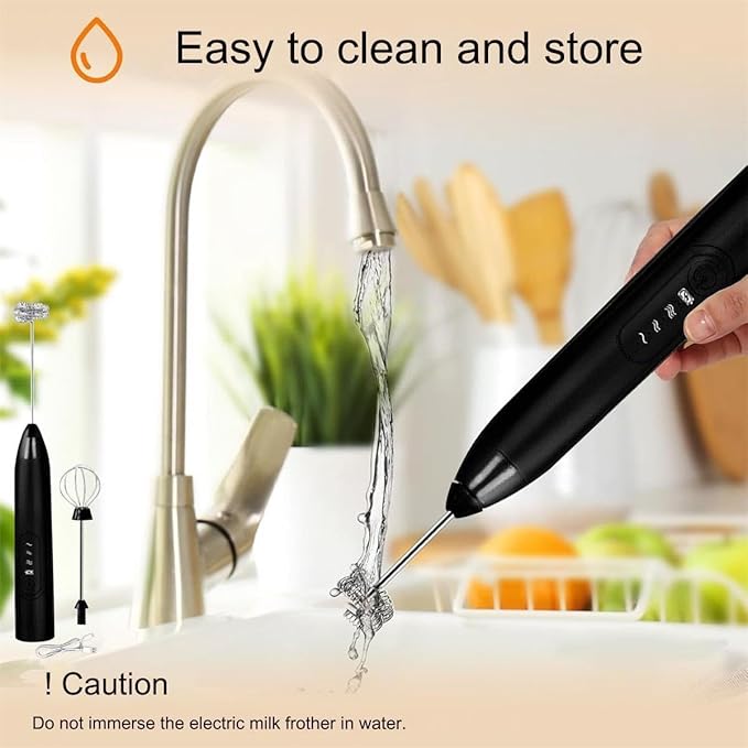 Milk Frother, Rechargeable Electric Foam Maker,Handheld Mixer with Stainless Steel Whisk, Portable Drink Mixer for Coffee Latte Cappuccino, Charging USB-C,Black