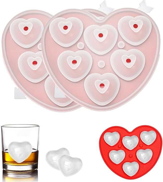 2 Pack Heart-Shaped Ice Cube Trays - 6 Holes Silicone Ice Cube Tray, Love Heart Shape Ice Cube Mold for Chilling Whiskey Cocktails Drinks Beverages Iced Tea & Coffee (red)