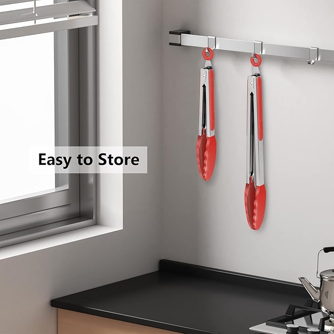 2 Pack Silicone Kitchen Tongs – 9" & 12" Set, Heat Resistant up to 500°F, Non‑Stick Cookware Safe, Wavy Silicone Tips, BPA Free, Locking Clip & Hanging Loop, Red