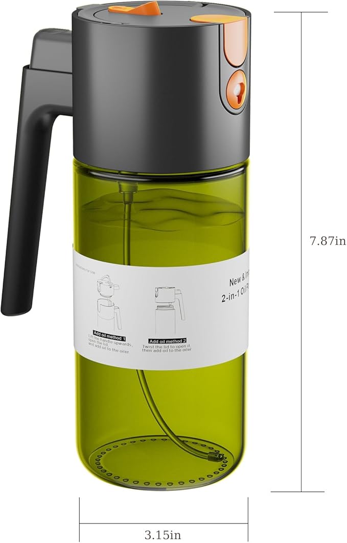LAKUMIQI 2 in 1 Oil Sprayer for Cooking, 17oz Light-Blocking Glass Spray Bottle with Stickers, Oil Dispenser for Salad, Air Fryer & BBQ