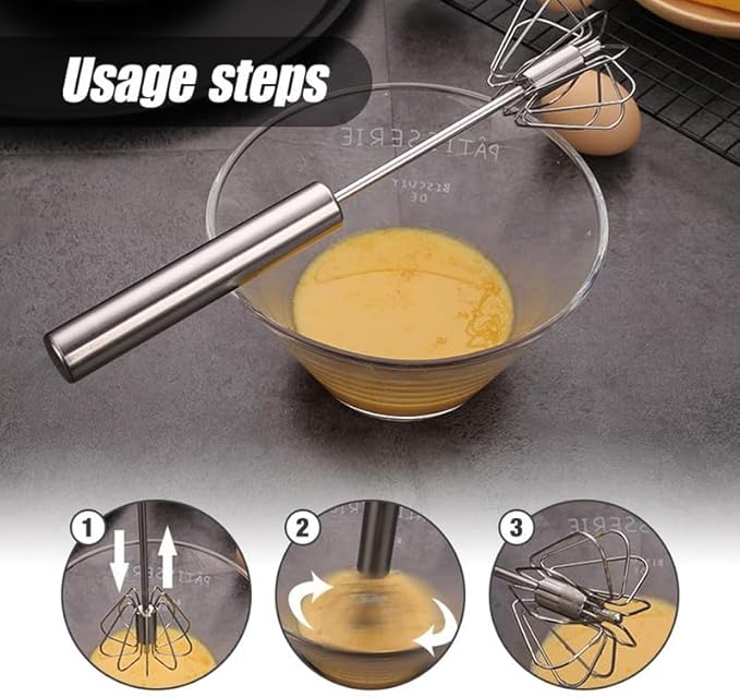 Stainless Steel Semi-Automatic Whisk, Egg Whisk Hand Push Whisk Blender, Hand Push Mixer Stirrer Tool for Cooking Kitchen Home Egg Milk (10 in)