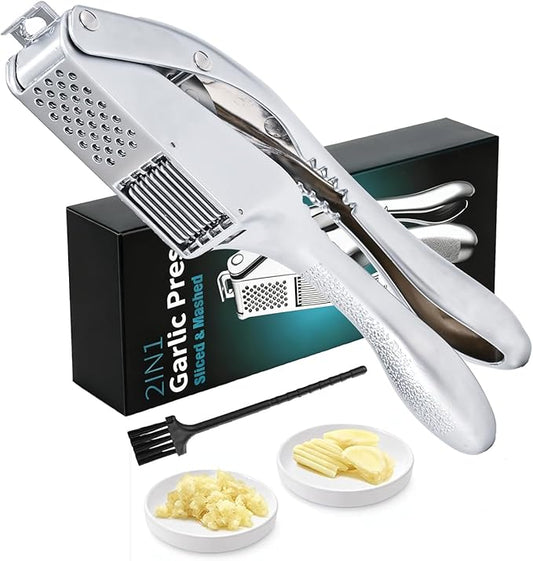 Garlic Press and Slicer 2 in 1, Rust Proof & Dishwasher Safe Professional Garlic Mincer Tool, Effortlessly Crush and Mince Garlic with this Ergonomic Handle-Garlic Slicer & Brush ANCQMI(Pear white)