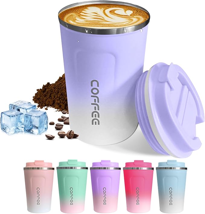 SPLMIFA Travel Coffee Mugs Leak-Proof, Reusable Coffee Cup with Lids, Stainless Steel Vacuum Insulated Coffee Tumblers, Thermal Insulation Cup for Men & Women Hot & Cold Drinks(2nd-Purple White, 17OZ)