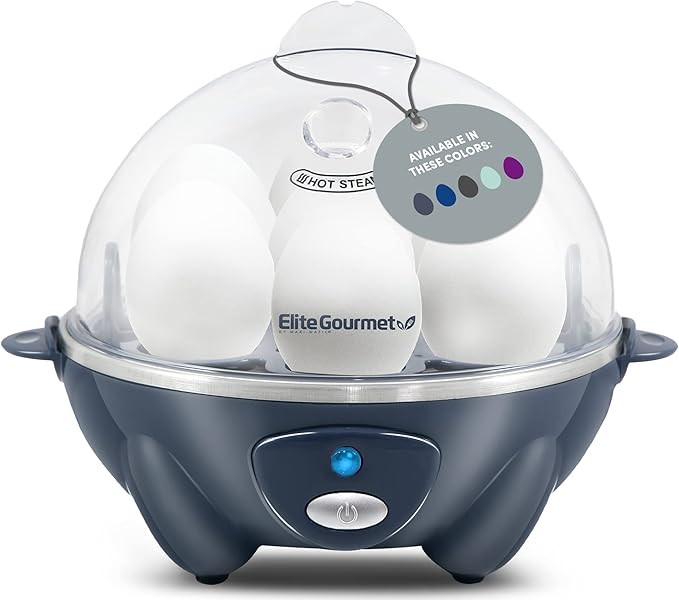 Elite Gourmet EGC710BG Rapid Egg Cooker, 7 Easy-To-Peel, Hard, Medium, Soft Boiled Eggs, Poacher, Omelet Maker, Auto Shut-Off, Alarm, 16-Recipe Booklet, BPA-Free, Slate Blue