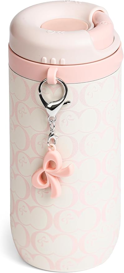 15 oz Stainless Steel Coffee Tumbler with Twist-Open Lid, Insulated Travel Mug for Iced Coffee Cold Brew and Warm Beverages, Leakproof, BPA-Free, Cup Holder Friendly, Bow Charm, Blush Pink