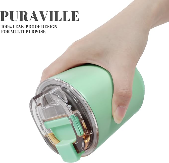 Puraville Insulated Tumblers with Lid, 10 oz Travel Coffee Mug Stainless Steel Vacuum Cup, Leak Proof Reusable Double Walled Coffee Tumbler for Iced and Hot Drinks, Green