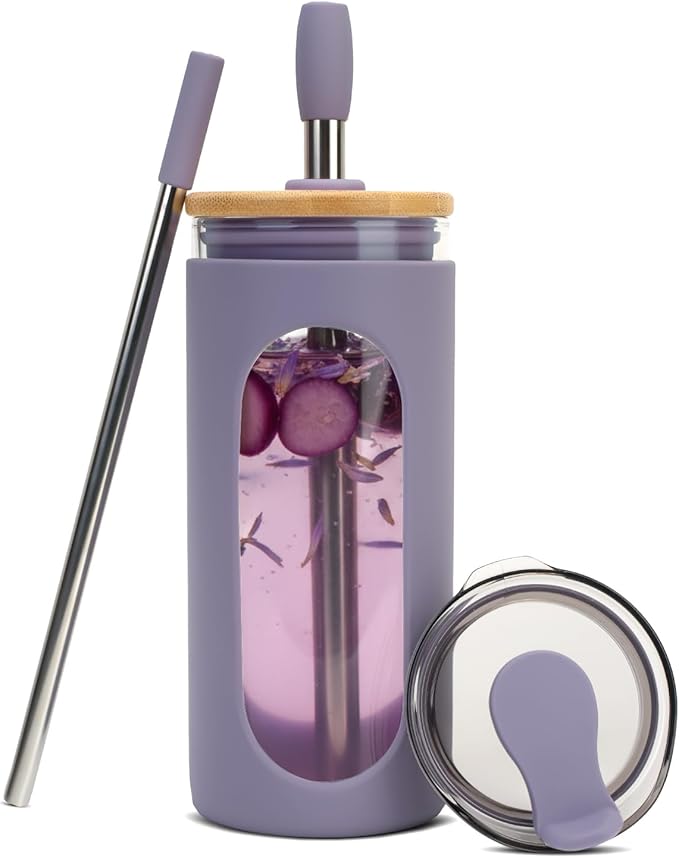 Sursip 20 oz Glass Tumbler with Lids and Straws, Reusable Borosilicate Glass Iced Coffee Cup with Bamboo Lid for Smoothie Boba Juice,Travel BPA-Free - Lilac Purple