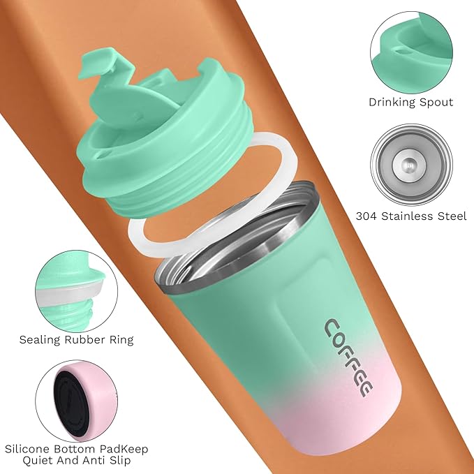 SPLMIFA Travel Coffee Mug Leak-Proof, Reusable Coffee Cups with Lids, Stainless Steel Vacuum Insulated Coffee Tumblers, Thermal Insulation Cup for Men and Women Hot & Cold Drinks(2nd-Green Pink, 17OZ)