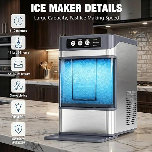 Nugget Ice Maker Countertop for Chewable Ice, 41lbs/24H Portable Pellet Ice Machine with One-Click Operation Self-Cleaning for Home, Kitchen, Bar, Office, Party (Silver)