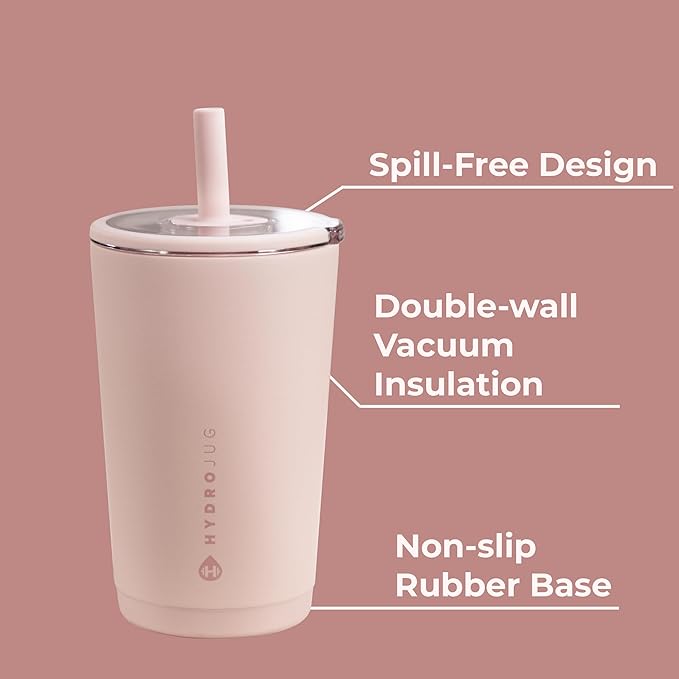 HydroJug Everyday Tumbler 14 oz – Ceramic-Lined Insulated Tumbler with Straw and Soft-Touch Lid, Cup Holder Friendly, Double-Wall Vacuum Insulation, Reusable Travel Cup – Dusty Rose