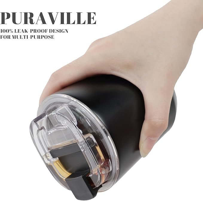 Puraville 2 Pack Insulated Tumblers with Lid, 10 oz Travel Coffee Mug Stainless Steel Vacuum Cup, Leak Proof Double Walled Coffee Tumbler for Iced and Hot Drinks, Black and Cream