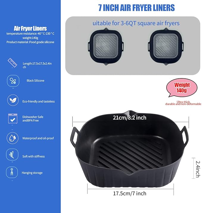 2 Pack Air Fryer Liners,8.5 Inch Silicone Airfryer Liners,Air Fryer Accessories,Reusable Baking Tray Oven Accessories,Replacement of Flammable Parchment Paper (Red Blue) (Black 2 pcs)