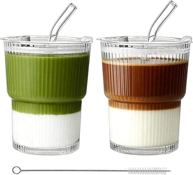 Ribbed Glass Tumbler with Lid and Straws, Resuable Ice Coffee Cups, To Go Iced Coffee Cups for Water, Smoothie, Matcha, Iced Tea Fruit Juice, Clear, 13oz, Set of 2