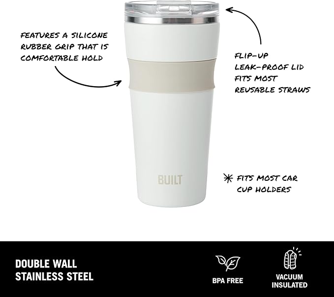 BUILT 24oz Shasta Double Wall Vacuum Insulated Stainless Steel Tumbler with Easy to Clean Flip to Open Lid, Marshmallow