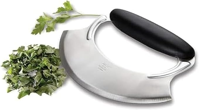 Amco Mezzaluna Herb Chopper with Silicone Handle & Stainless Steel Blade - 4.9" Dishwasher Safe Chopping Tool for Herbs, Vegetables & Garlic - Non-Slip Grip, Easy to Use & Comfortable to Hold