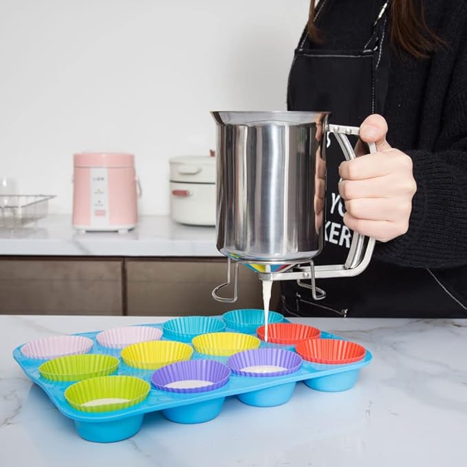800ml Stainless Steel Pancake Batter Dispenser - Great for Baking,Cupcakes,Muffins-Cooking Crepes,Waffles- Easyflow Spout -Measuring Gauge in Mls and cups