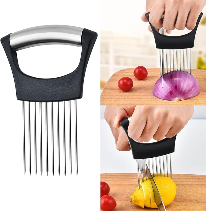 1 Pack Stainless Steel Multifunctional Vegetable Slicer, Onion Slice Holder, Onion Cutter for Slicing Meat, Onion, Potato, Tomato, Lemon, Kitchen Chopper Tool