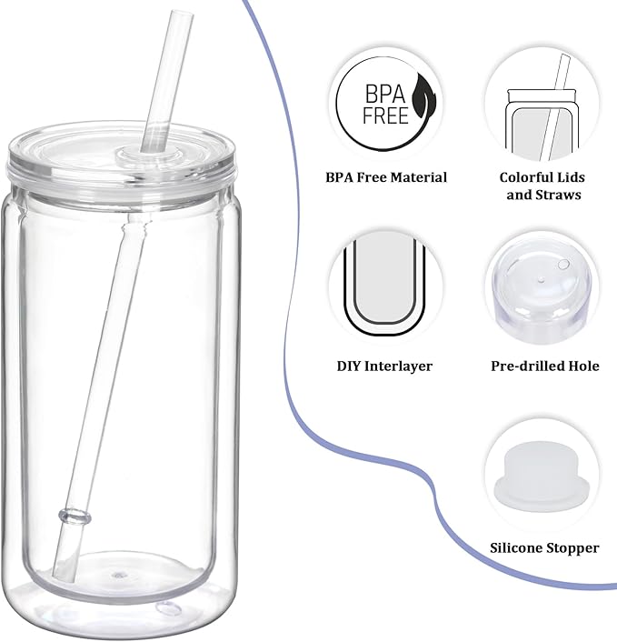 12 Pack Snow Globe Tumbler with Pre Drilled Hole, 16 Oz Double Wall Plastic Can with Lid and Straw, Plastic Mason Jar Mug for Snow Globe Glitter DIY Gift (Clear)